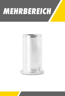 Das Bild zeigt eine einzelne, silberne Mehrbereichs-Blindnietmutter, die senkrecht ausgerichtet ist, mit dem Wort "MEHRBEREICH" im oberen Bereich.