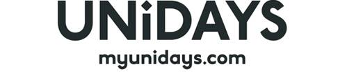  Auf einem schlichten weißen Hintergrund ist in der Mitte das dunkelgraue Logo von „UNiDAYS“ zu sehen, mit dem Text „myunidays.com“ darunter, was auf die Plattform Unidays hinweist, auf der sich Studierende registrieren und von Vorteilen profitieren können.