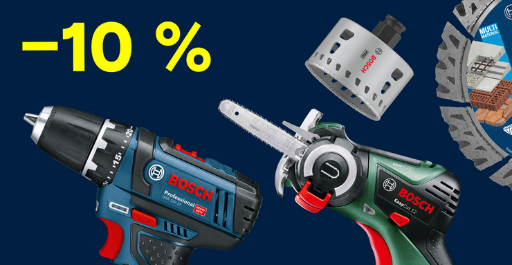 Bosch Aktionsbanner mit 10 % Rabatt sowie Akkuschrauber, Zange und Multifunktionswerkzeug auf blauem Hintergrund.