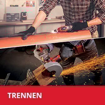    Analyse Das Bild ist in zwei Abschnitte unterteilt: Im oberen Teil schneidet eine Person ein Rohr mit einem Kompaktsägegerät, während im unteren Teil Funken fliegen, da eine Person mit einem Trennschleifer Metall bearbeitet, mit dem roten Schriftzug "TRENNEN" am unteren Bildrand.