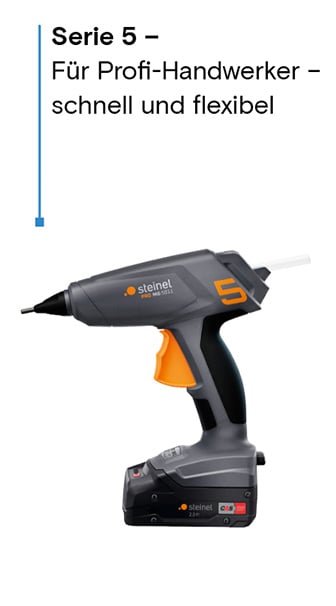 Graue und orange Steinel Akku-Heißklebepistole Serie 5 für Profi-Handwerker.