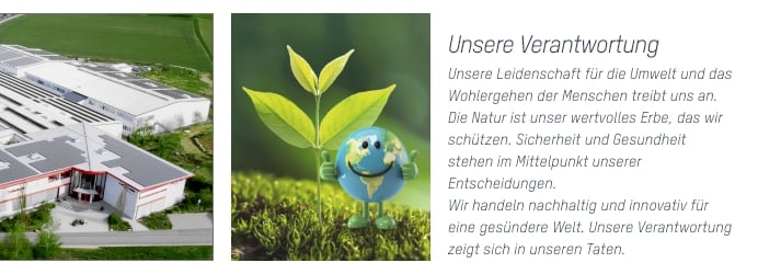 Das Bild zeigt eine Luftaufnahme des Ansmann Firmengebäudes. Zusätzlich ist ein Männchen in For einer Weltkugel und ein Pflanzenkeimling auf einem Moosstück abgebildet. In das Bild ist folgender Text integriert: Unsere Verantwortung Unsere Leidenschaft für die Umwelt und das Wohlergehen der Menschen treibt uns an. Die Natur ist unser wertvolles Erbe, das wir schützen. Sicherheit und Gesundheit stehen im Mittelpunkt unserer Entscheidungen. Wir handeln nachhaltig und innovativ für eine gesündere Welt. Unsere Verantwortung zeigt sich in unseren Taten.
