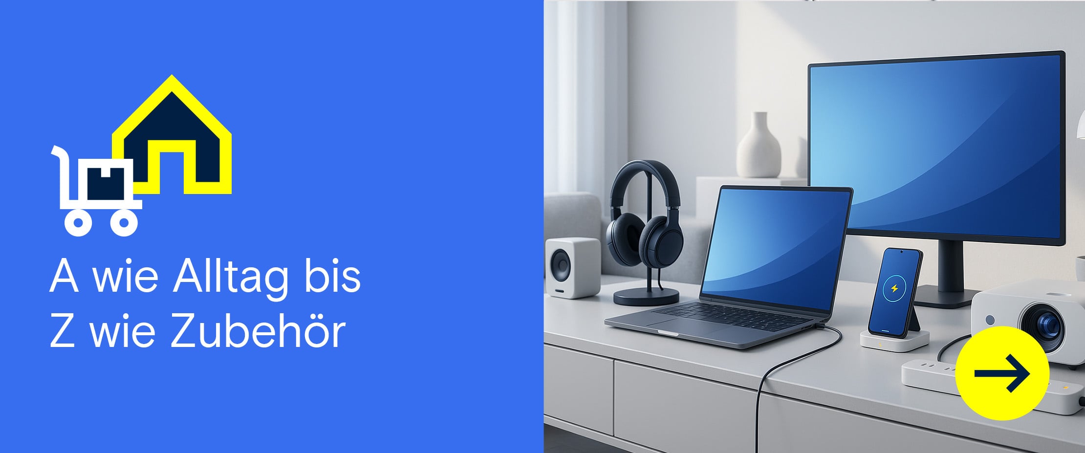 Moderner Heimarbeitsplatz mit Laptop, Monitor, Kopfhörer, Smartphone und Lautsprecher auf einem weissen Tisch.