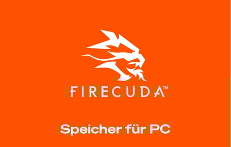  Ein orangefarbener Kasten zeigt oben mittig das weiße Firecuda-Logo und den Schriftzug "Firecuda", darunter steht in weißer Schrift "Speicher für PC".