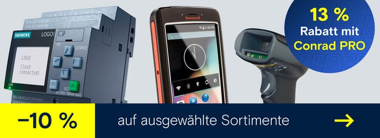Werbebanner mit Siemens LOGO!-Steuerung, Honeywell Handheld-Terminal und Barcode-Scanner sowie 10 % Rabatt auf ausgewählte Sortimente und 13 % mit Conrad PRO.