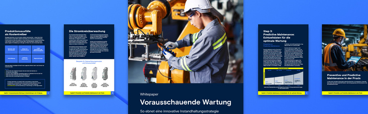 Mehrere Dokumente mit blauem Hintergrund auf einem Schreibtisch. Themen der Dokumente sind z.B. Wartung und Stromkreislaufüberwachung. Link führt zum Whitepaper-Download.