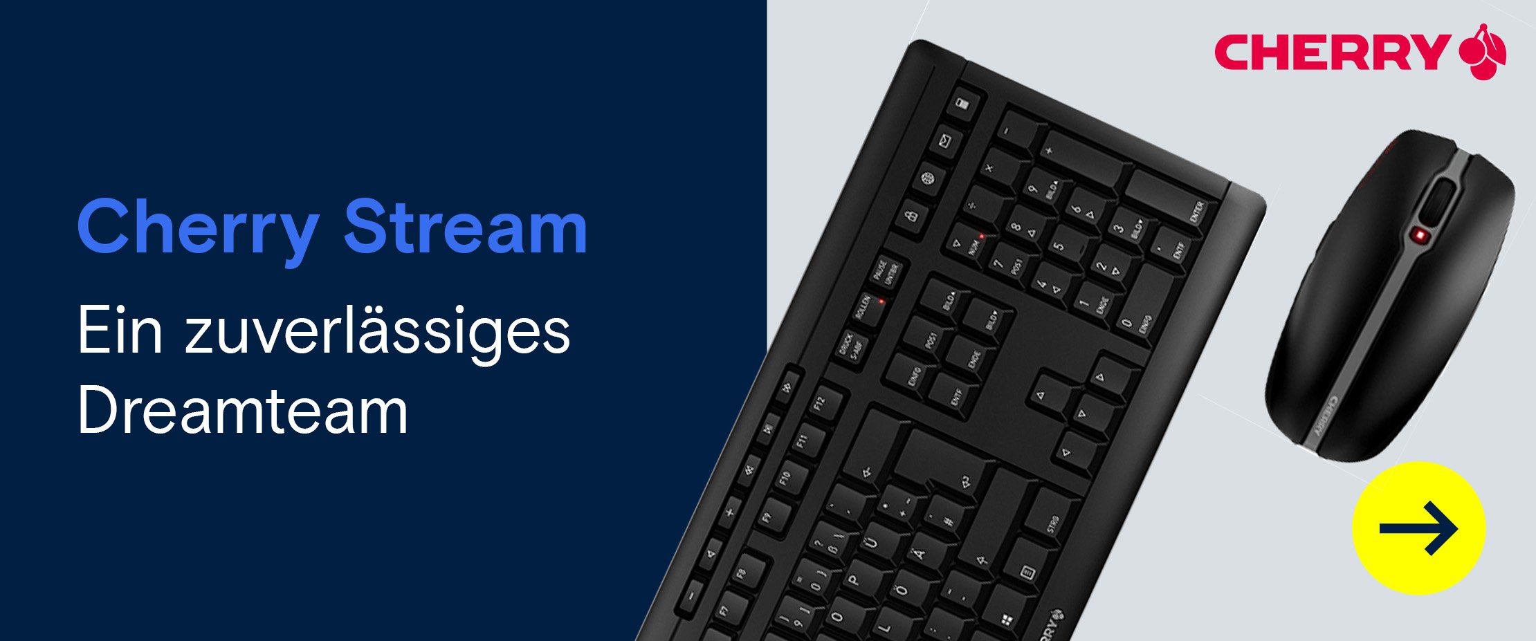 Werbebanner mit einer schwarzen Cherry Stream Tastatur und Maus sowie dem Text „Ein zuverlässiges Dreamteam“.