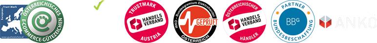 Sieben Qualitäts- und Vertrauenssiegel für E-Commerce und Handel, darunter österreichische und europäische Zertifikate.
