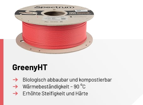 Eine Pappspule mit lachsfarbenem Filament über einer Infografik, die den Schriftzug „GreenyHT“ sowie die Eigenschaften biologisch abbaubar und kompostierbar, eine Wärmebeständigkeit bis 90 °C sowie erhöhte Steifigkeit und Härte auflistet.