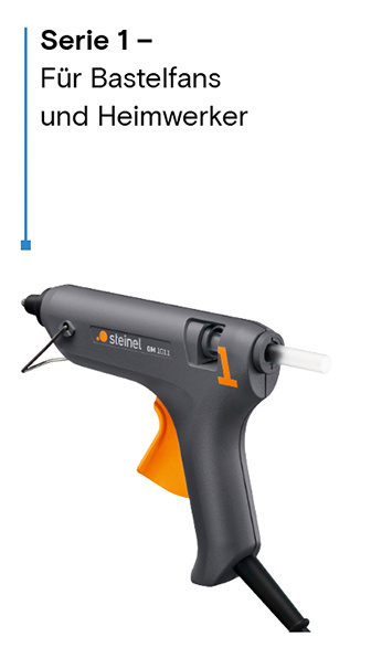 Eine graue Steinel Heißklebepistole mit orangefarbenem Abzug und der Aufschrift GM 1011.