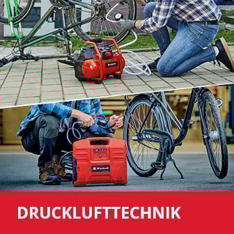 Das Bild ist in zwei Abschnitte unterteilt: Im oberen Teil ist eine Person, die mit einem Einhell Kompressor auf dem Gehweg den Reifen eines umgedrehten Fahrrades aufpumpt, während im unteren Teil eine Person vor einer Garage mit einem mobilen EInhell Kompressor den Reifen eines stehenden Fahrrads aufpunpt, mit dem roten Schriftzug "DRUCKLUFTTECHNIK" am unteren Bildrand.