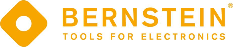 Das Firmenlogo von Bernstein in Gelb auf hellgrauem Hintergrund, bestehend aus einer linksstehenden Raute mit kreisförmiger Aussparung und dem zweizeiligen Text „BERNSTEIN TOOLS FOR ELECTRONICS“ rechts daneben.