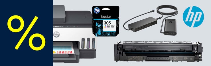 HP-Produkte wie Drucker, Tintenpatrone, Toner, USB-Hub und Zubehör neben einem grossen gelben Prozentzeichen.