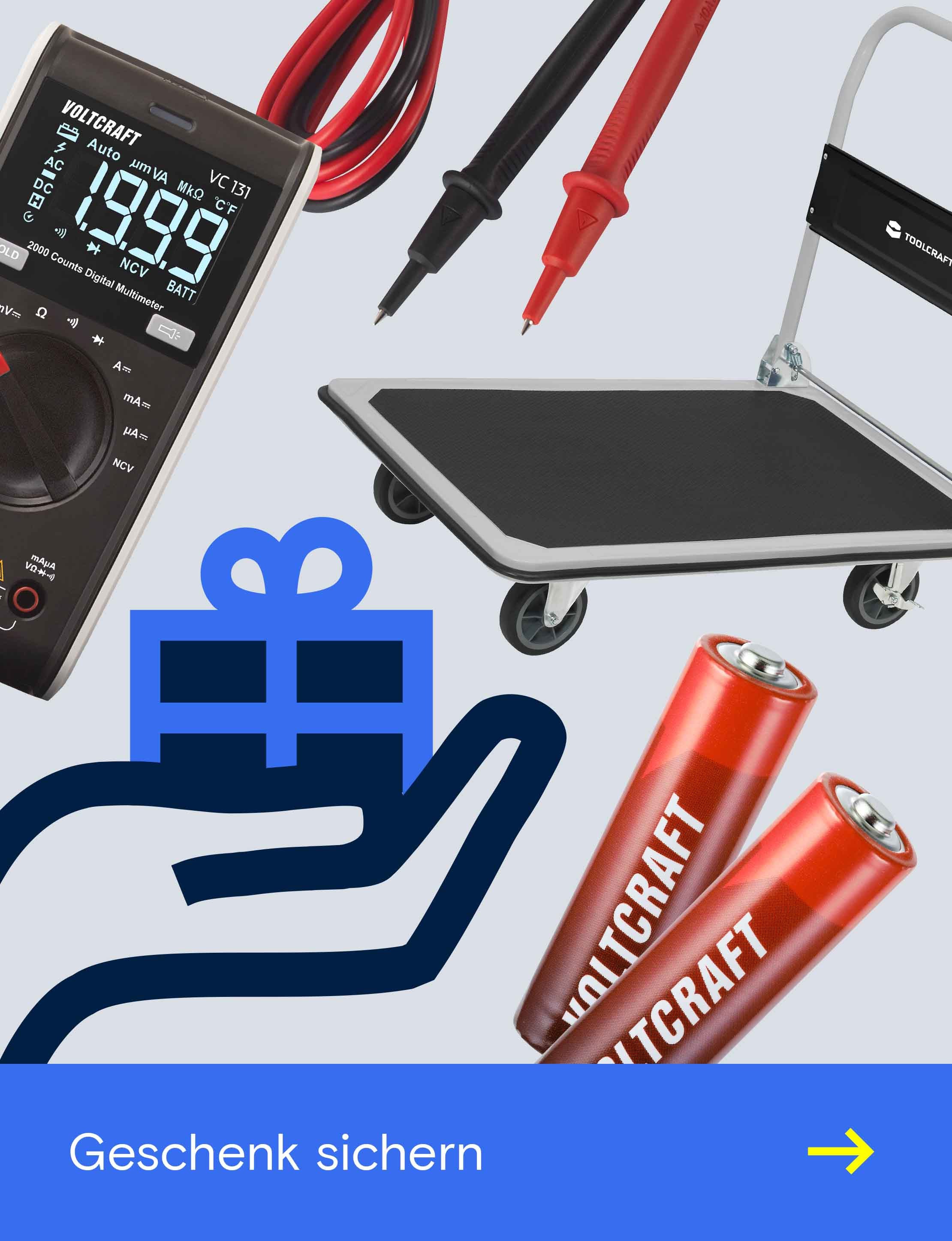 Banner mit Multimeter, Messspitzen, Transportwagen und Batterien sowie Geschenk-Symbol und Text „Geschenk sichern“.