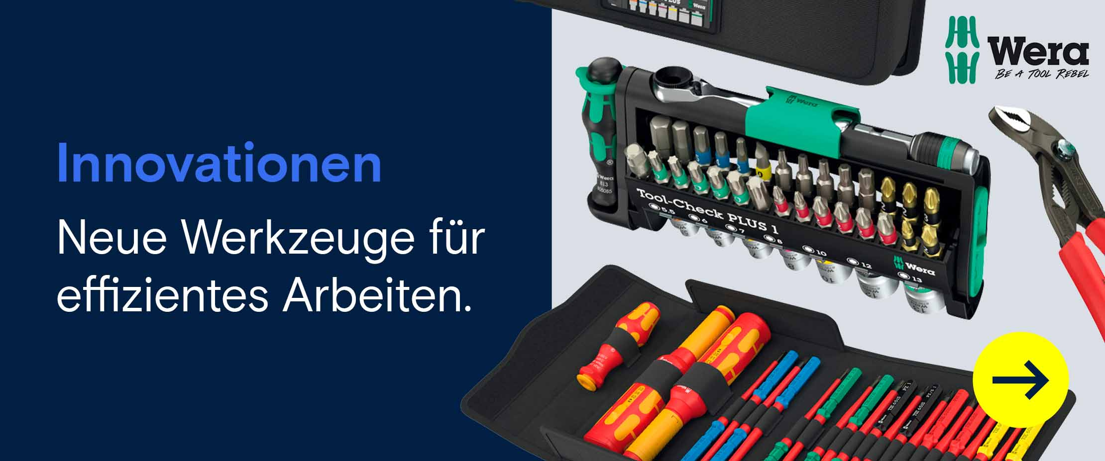 Wera-Werkzeuge, darunter Schraubendreher und Bitsätze, mit dem Text „Innovationen – Neue Werkzeuge für effizientes Arbeiten“ auf blauem Hintergrund.