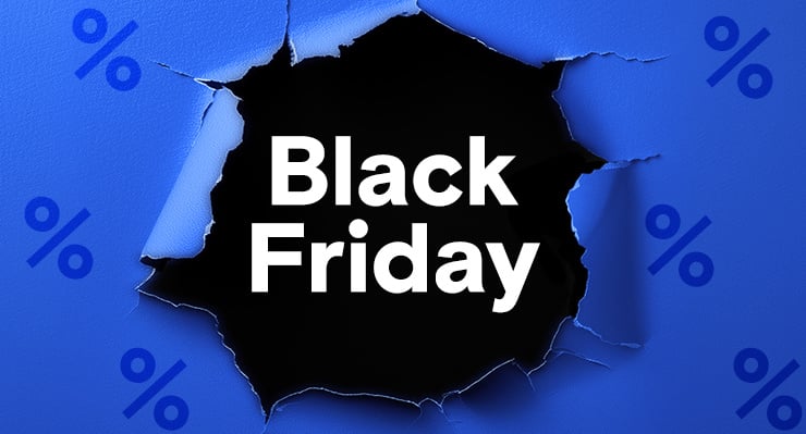 Grafik mit blauem Hintergrund und einem aufgerissenen schwarzen Loch in der Mitte mit weißer Aufschrift "Black Friday".