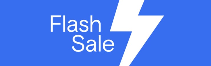 Grafik mit der Aufschrift "Flash Sale" und großem weißen Blitzsymbol auf blauem Hintergrund.