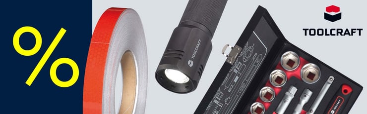 Banner mit Rabatt-Prozentzeichen und einer Auswahl an TOOLCRAFT-Produkten wie Reflexband, Taschenlampe und Steckschlüssel-Set.