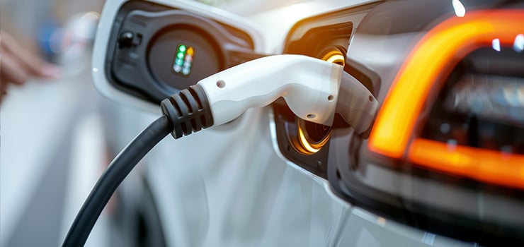 Nahaufnahme eines weissen Elektroautos, das an einer Ladestation angeschlossen ist, wobei der Ladestecker eingesteckt ist und das hintere LED-Rücklicht leuchtet.