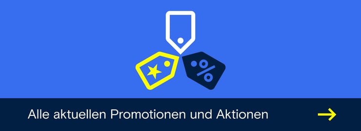 Werbebanner mit drei bunten Kärtchen auf hellblauen Hintergrund.