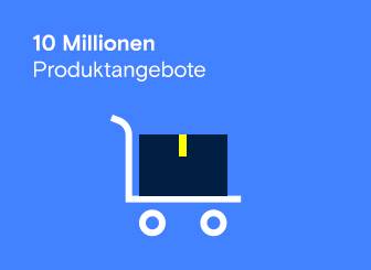 Conrad bietet über 10 Millionen Produktangebote, dargestellt durch ein Paket auf einem Einkaufswagen.
