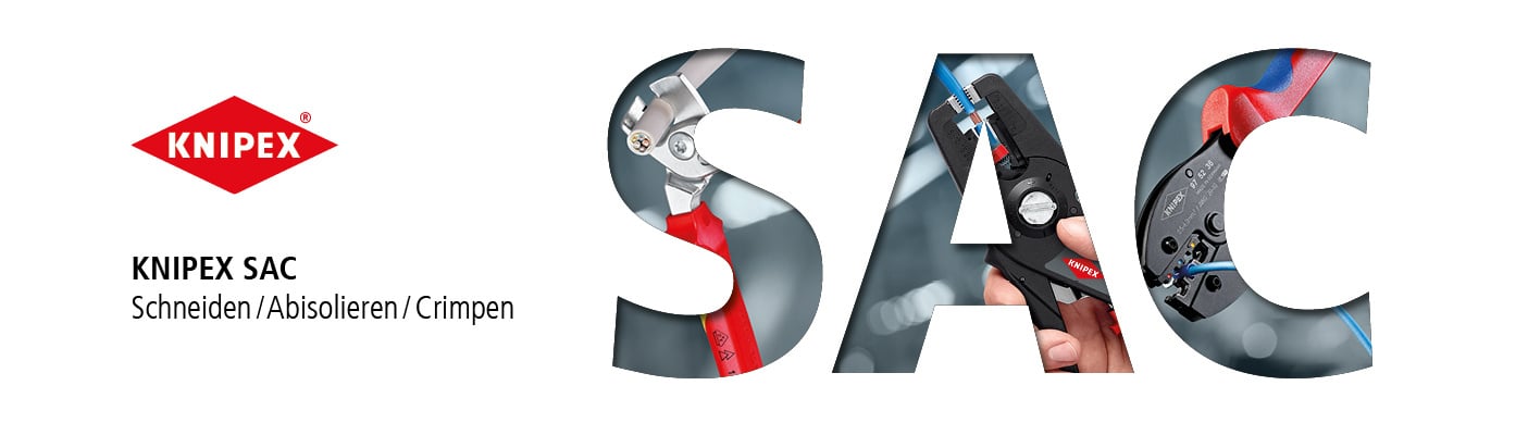 Ein Banner für Knipex SAC mit dem Text "Schneiden/Abisolieren/Crimpen". Die Buchstaben "SAC" enthalten Bilder von Knipex-Werkzeugen in Aktion.