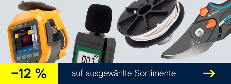 Werbebanner mit „–12 % auf ausgewählte Sortimente“, gezeigt mit einer Fluke-Wärmebildkamera, einem Schallpegelmessgerät, einer Kabelspule und einer Gartenschere.