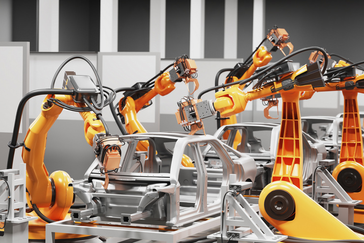 Mehrere orange Roboterarme montieren Karosserieteile an einem Automobil in einer Fabrikhalle.