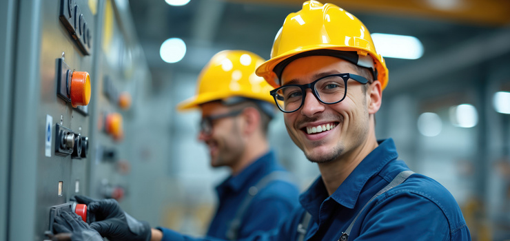 Ein Arbeiter mit einem gelben Schutzhelm der eine Maschine bestätigt und dabei in die Kamera lacht.