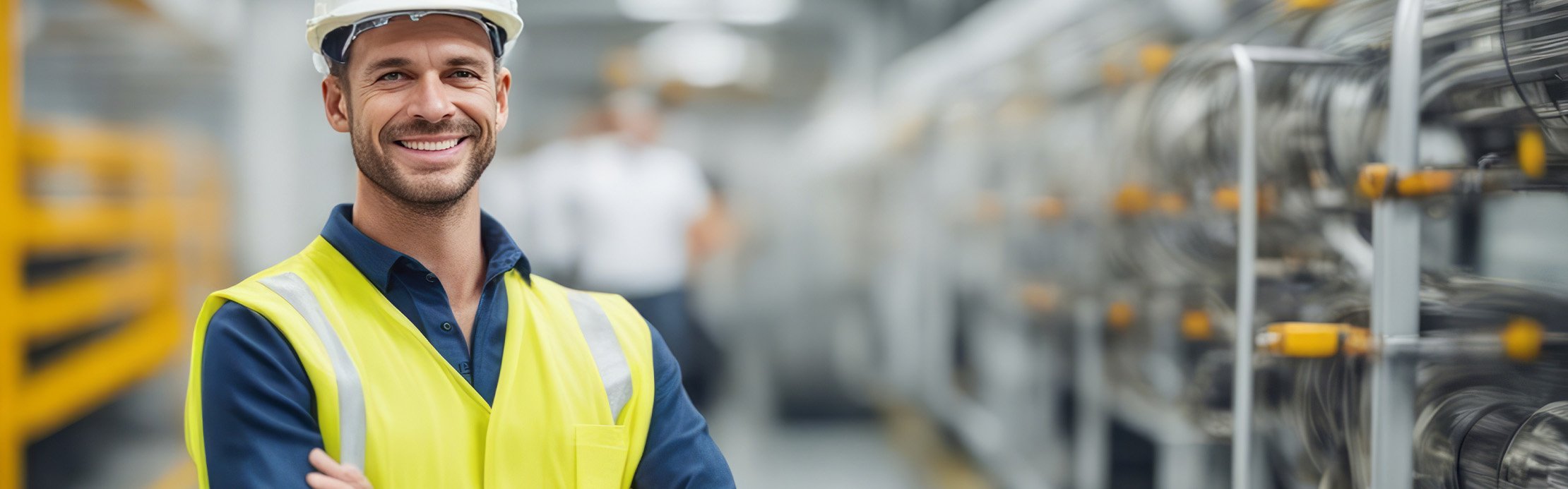 Ein Arbeiter mit einer Leuchtweste lacht in die Kamera und trägt einen weissen Schutzhelm in einer Industriehalle