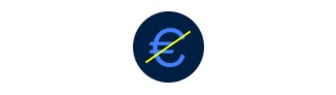 Ein kreisförmiges Icon mit einem dunkelblauen Hintergrund. In der Mitte ist ein hellblaues Euro-Symbol zu sehen, das von einem gelben diagonalen Strich durchgestrichen ist.