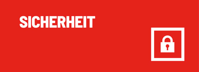 Ein rotes Banner mit dem weißen, in Großbuchstaben geschriebenen Wort „SICHERHEIT“ und einem weißen, quadratisch eingerahmten Vorhängeschloss-Symbol auf der rechten Seite.