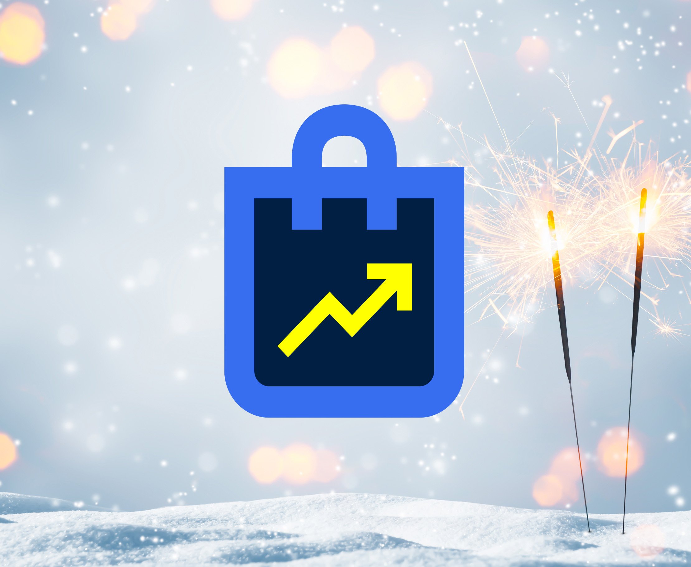 Ein Icon einer Tasche sitzt inmitten Schnee und nebendran sind zwei funkler.