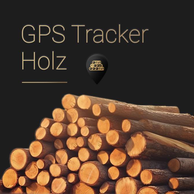 Dunkle Kachel mit dem Text "GPS Tracker Holz" und einer Abbildung von Holzstämmen. Weiterleitung zu einer Produktseite über Holz Tracker.