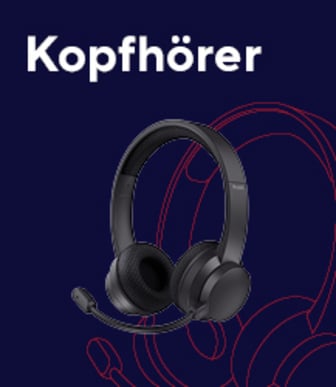 Ein dunkelblaues Bild zeigt das deutsche Wort „Kopfhörer“ über einem schwarzen Headset mit Mikrofon.