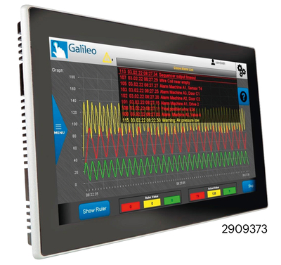 Eaton Web Panel mit interaktivem Display visualisiert Echtzeit-Graphen, Messwerte und Alarmlisten für die Anlagenüberwachung.