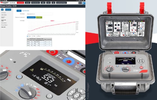  Ein viergeteilter Schnappschuss zeigt in den oberen und unteren Hälften links und rechts verschiedene Ansichten des elektrischen Prüfgeräts Megger S1-1068 und dessen zugehöriger Software.