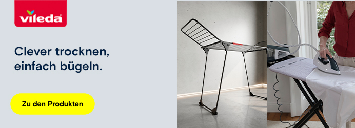 Anwendungsbild "Wäschestände und Bügeleisen". Text "Clever trocknen, einfach bügeln."