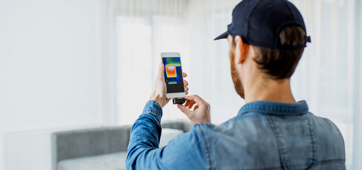 Mann überprüft mit einer Wärmebildkamera am Smartphone die Wärmeverteilung in einem Wohnraum.