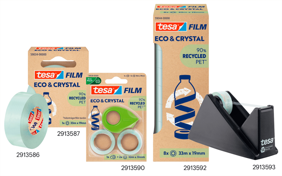 Auswahl an tesa® Film ECO & CRYSTAL Klebebändern und einem tesa® Abroller, die zu 90% aus recyceltem PET bestehen.