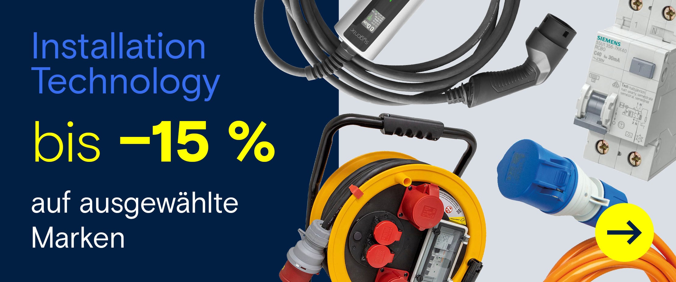 Banner mit Elektroinstallations-Produkten wie Kabel, Steckdosenverteiler und Leistungsschalter sowie dem Hinweis „Installation Technology bis –15 % auf ausgewählte Marken“.