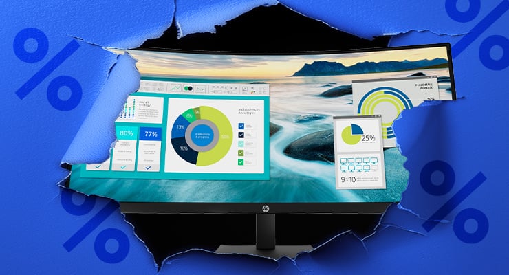 Ein grosser Curved-Monitor erscheint hinter einem aufgerissenen blauen Hintergrund und zeigt Diagramme und eine Landschaft.