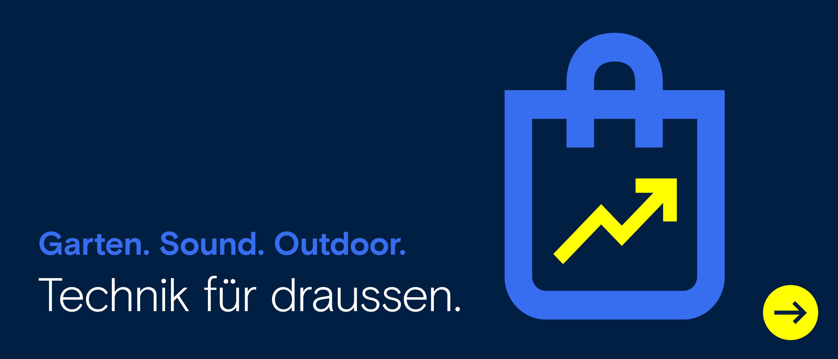 Blaues Einkaufstaschen-Icon mit gelbem Aufwärtspfeil auf dunklem Hintergrund – Symbol für steigende Technik-Trends oder Online-Angebote.