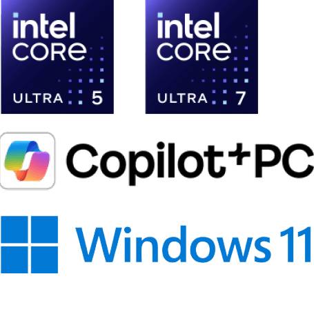 Eine Zusammenstellung der Logos von Intel Core Ultra 5 und 7, dem Microsoft Copilot+ PC Branding sowie dem Windows 11 Logo auf weißem Hintergrund.