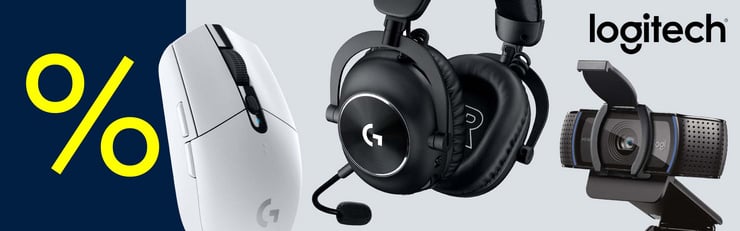 Gelbes Prozentzeichen neben einer weißen Logitech-Gaming-Maus, einem schwarzen Headset mit Mikrofon und einer Webcam.