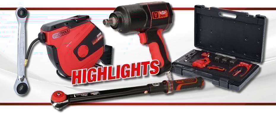 Werbebanner mit KS Tools Highlights wie einer automatischen Schlauchtrommel, einem Druckluft-Schlagschrauber, Drehmomentschlüssel und einem Bördelgerät-Satz im Koffer unter dem Schriftzug „Highlights“.