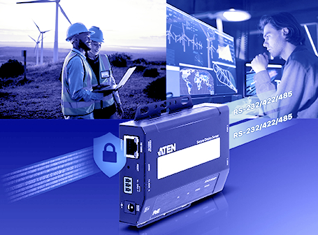 Eine monochrome, blau eingefärbte Collage, die im Vordergrund einen ATEN „Secure Device Server“ mit einem Schild- und Schloss-Symbol zeigt, kombiniert mit zwei Hintergrundszenen von Technikern an einem Windpark und einem Mitarbeiter in einer Kontrollstation vor Monitoren mit der Beschriftung „RS-232/422/485“.