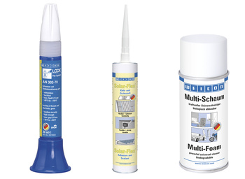 Weicon Schraubensicherung, Solar-Flex Kleb- und Dichtstoff sowie Multi-Schaum Universalreiniger.