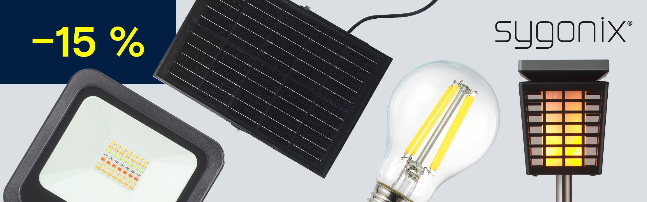 Solarleuchte, LED-Strahler und Glühbirne von Sygnonix mit Solarpanel und „-15 %“-Hinweis.