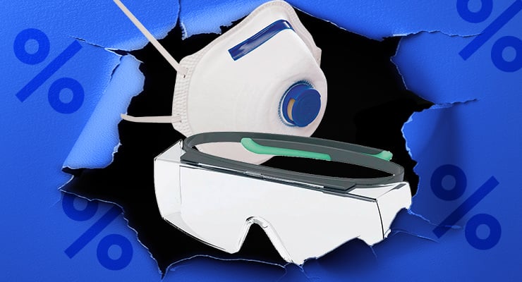 Eine Schutzbrille und eine weiße Atemschutzmaske mit Ventil erscheinen vor einem aufgerissenen Hintergrund mit Prozentzeichen.